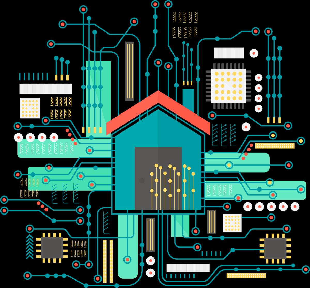 Smart home schematic hovering above a hand with IoT icons around it